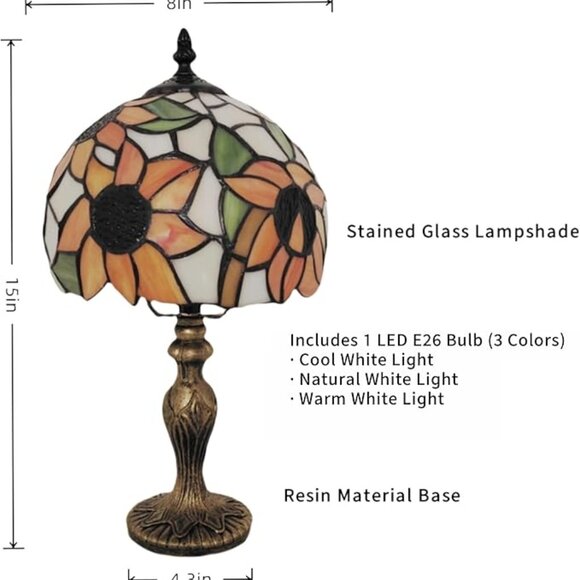 Tiffany Style Table Lamp, 8'' Yellow Sunflower Handmade Stained Glass Lampshade - Picture 5 of 6
